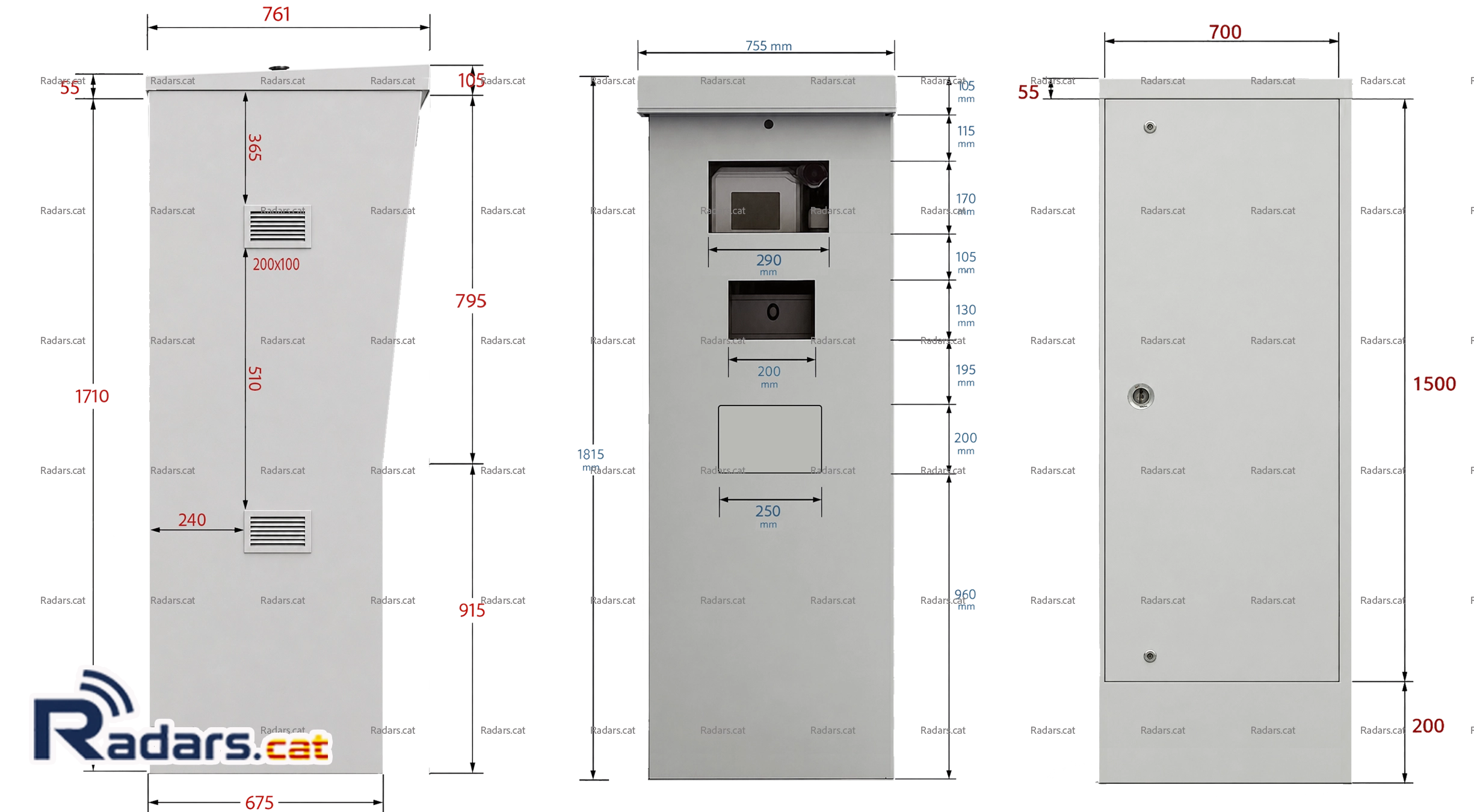 Plànol amb les dimensions exteriors de la cabina lateral Cirano500.
