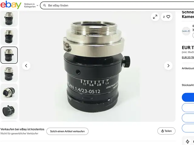 Subhasta a Ebay de l'Objectiu C-Mount Schneider Kreuznach XENOPLAN 1.4/23-0512 . S'obtenen 6 fotos