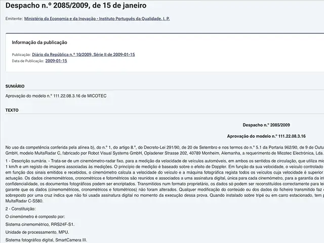 Aprovación del Multadadar C-M y Multaradar C-S580 2009 Portugal